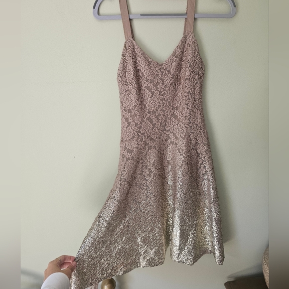 Free People Foiled Ombré Nude Tan Gold Lace Fit & N Flare Dress Boho Gypsy Party - Picture 4 of 13